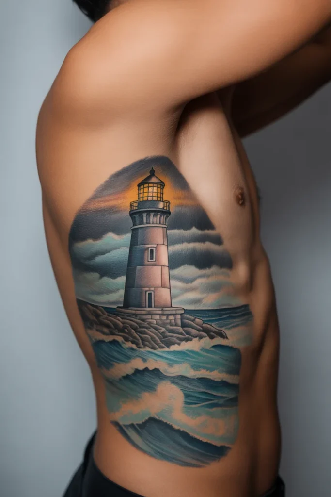 Neotraditional lighthouse tattoo design