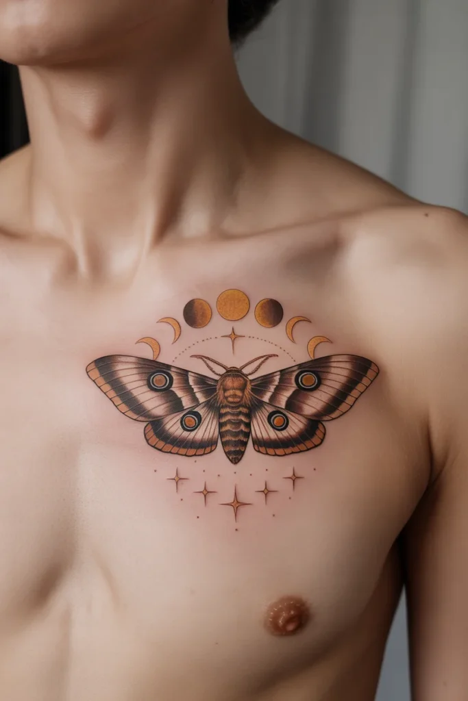 Neotraditional moth moon tattoo