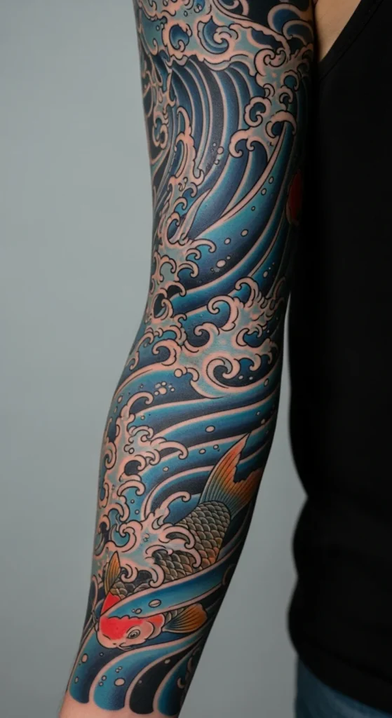 Ocean wave sleeve tattoo