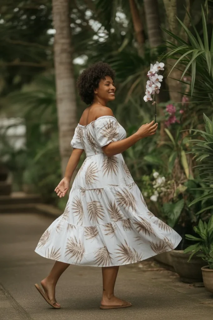 Off-shoulder tropical dress