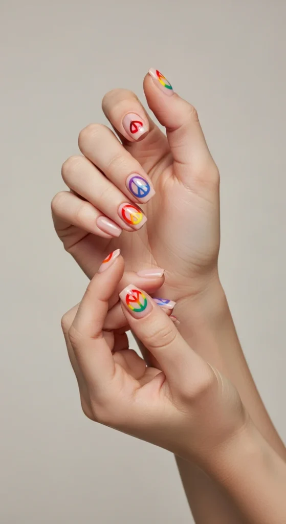 Peace sign nails rainbow