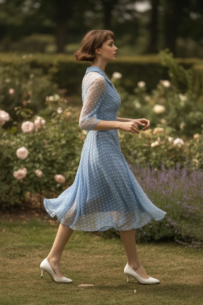 Periwinkle vintage tea-length bridesmaid dress