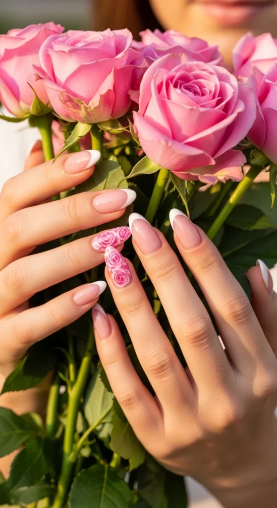 Pink rose French tip nails