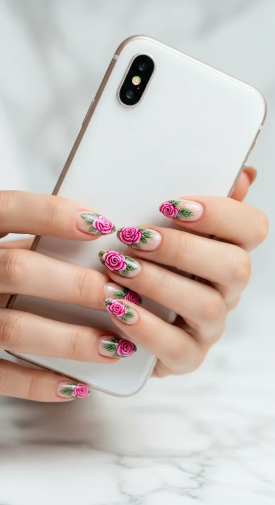 Pink rose almond botanical nails