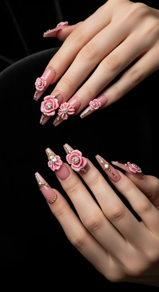 Pink rose stiletto statement nails