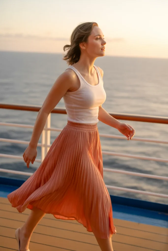 Pleated midi skirt cruise outfit