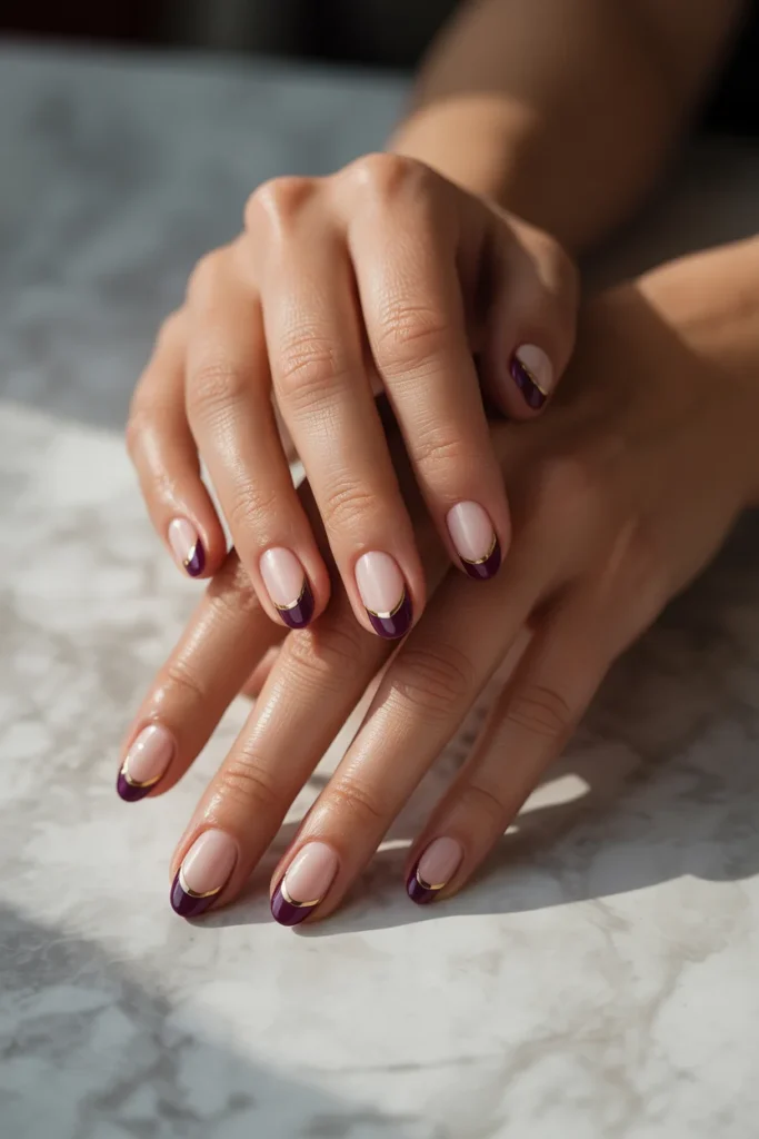 Plum gold french tip nails