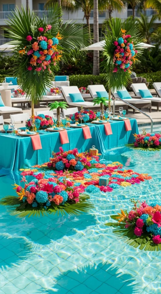 Poolside baby shower setup
