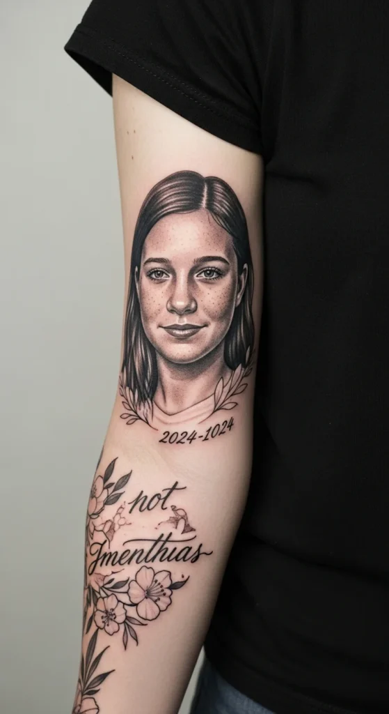 Portrait memorial sleeve tattoo