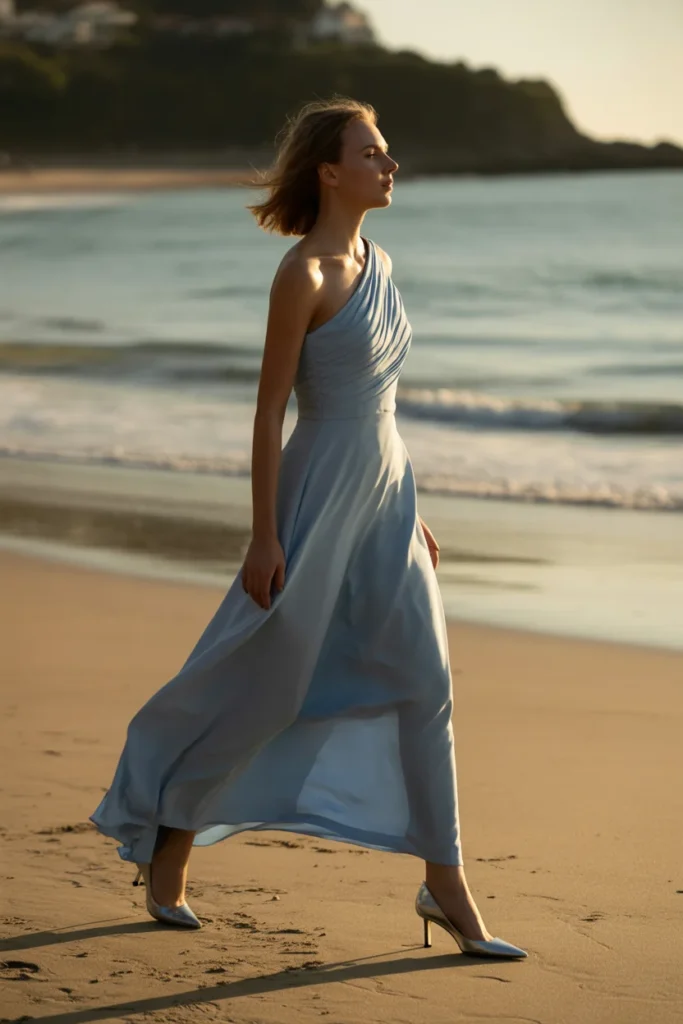 Powder blue one-shoulder bridesmaid gown