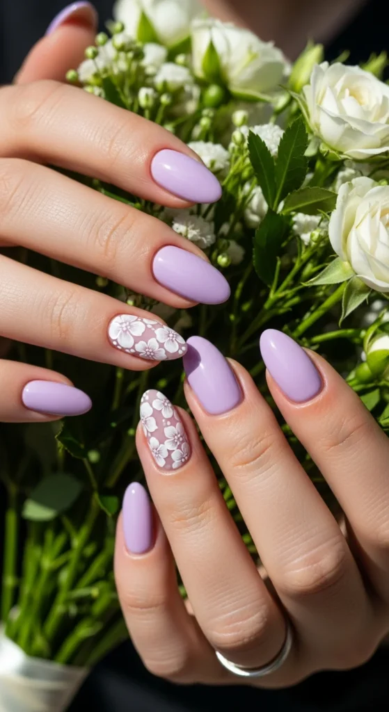 Purple floral accent nails