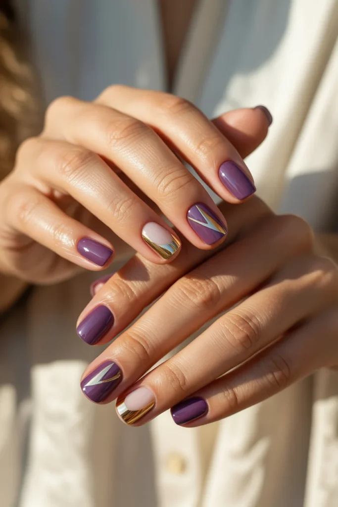 Purple gel gold chrome nails