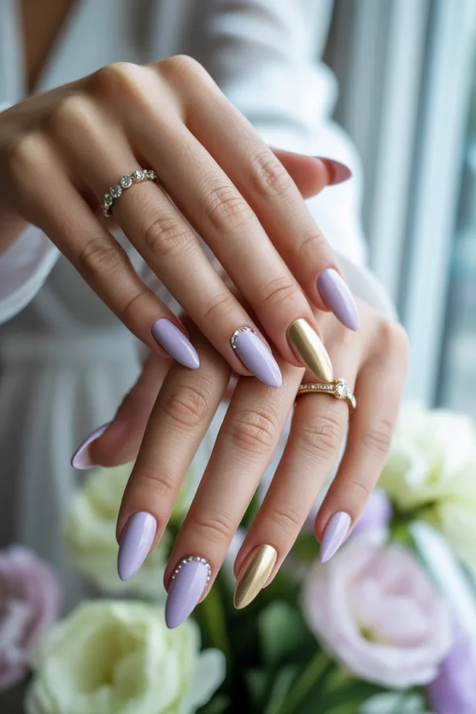 Purple gold wedding rhinestone nails