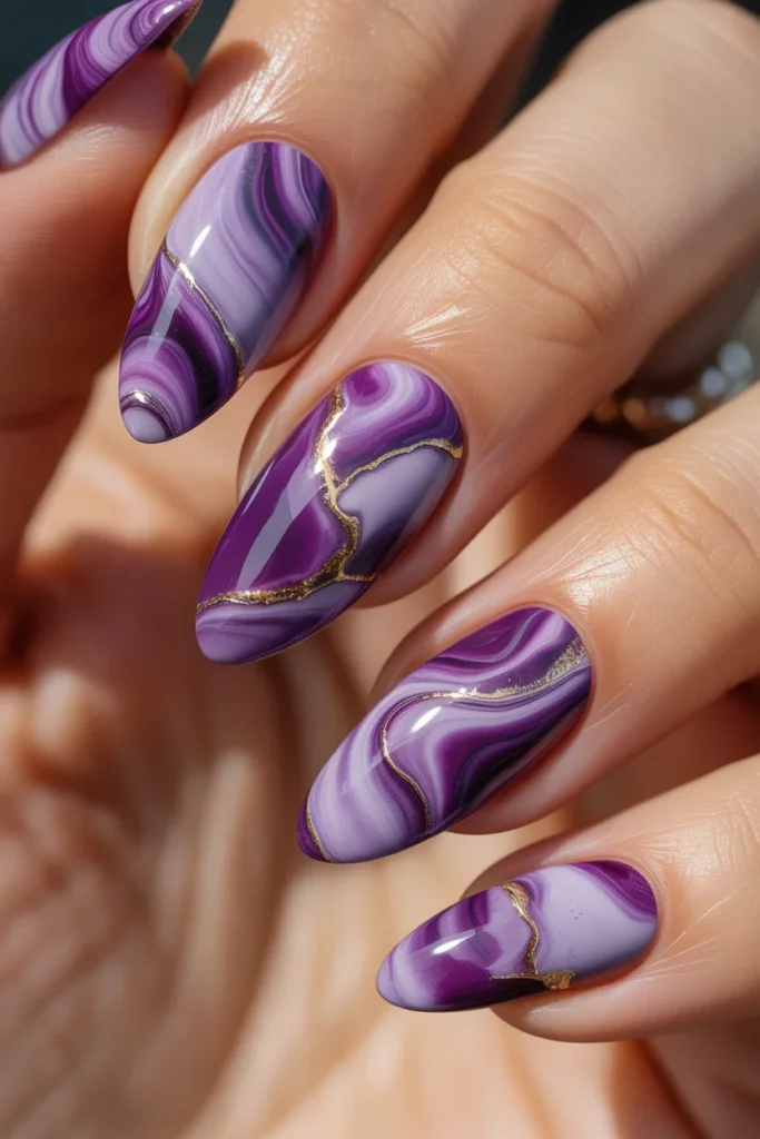 Purple marble gold vein nails