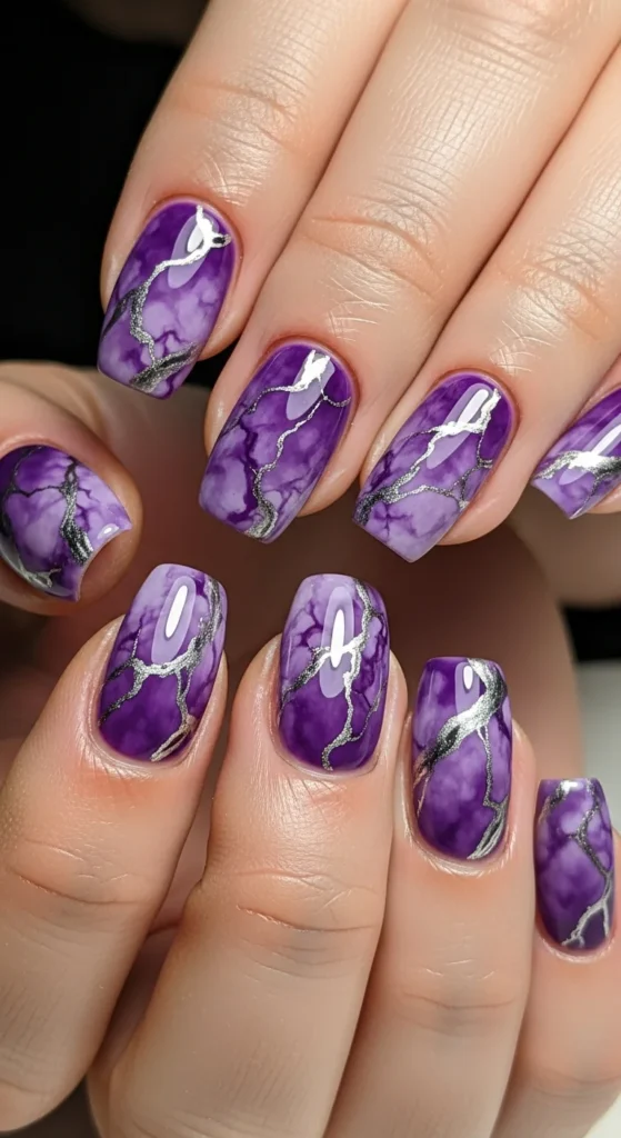 Purple marble silver nails