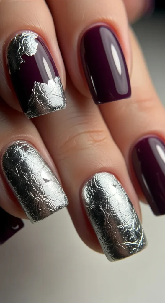 Purple silver foil nails