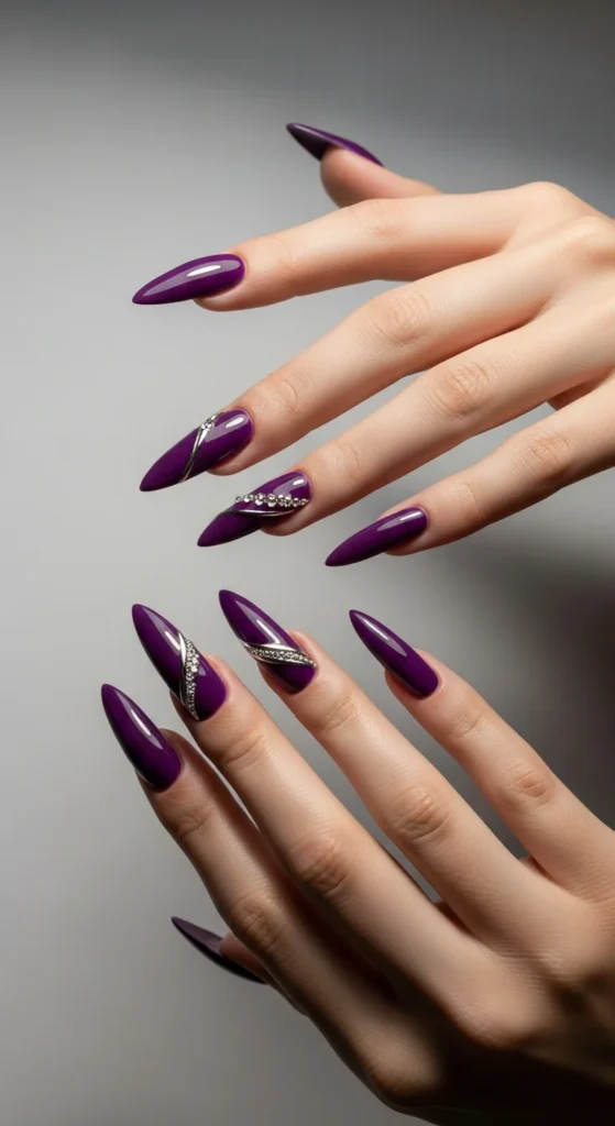 Purple silver stiletto nails