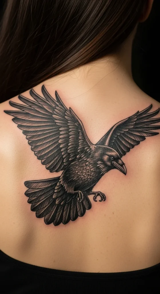 Raven gothic spine tattoo