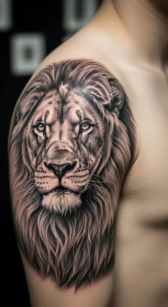 Realistic lion shoulder tattoo