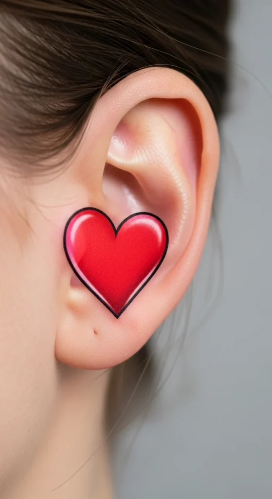 Red heart tattoo behind ear