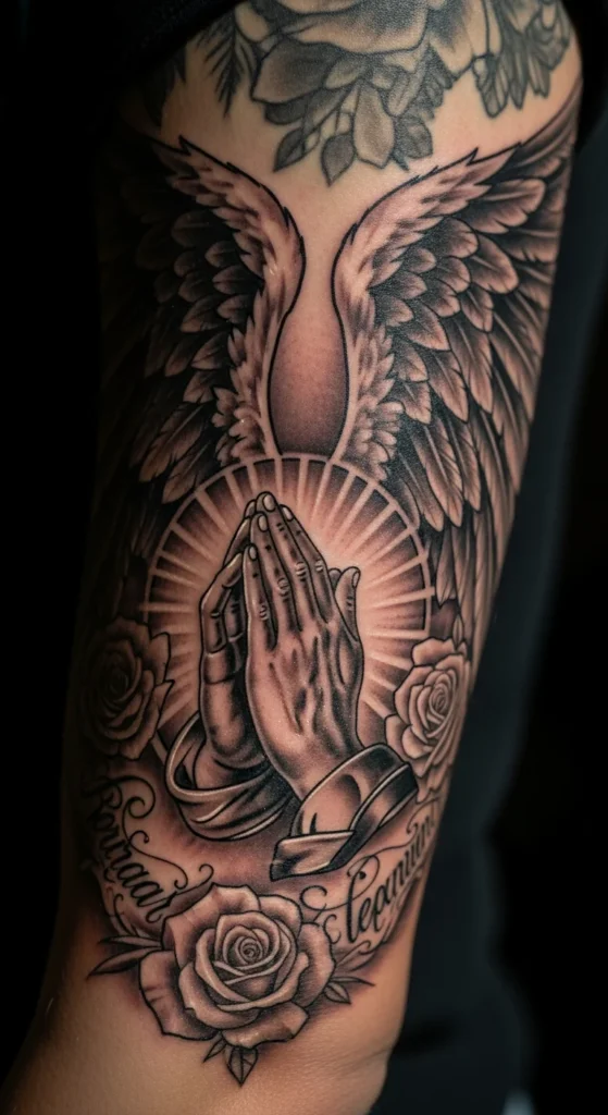 Religious angel sleeve tattoo