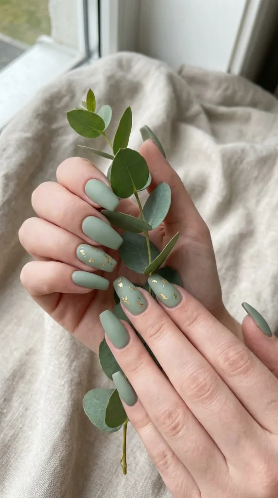 Sage green Easter nails gold foil