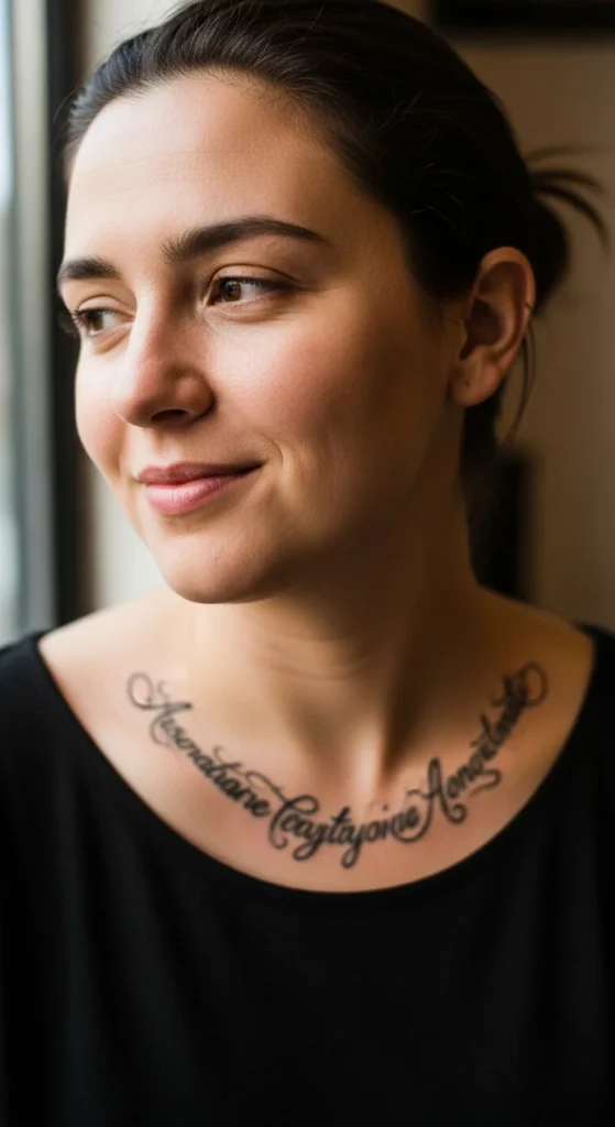 Script quote chest tattoo