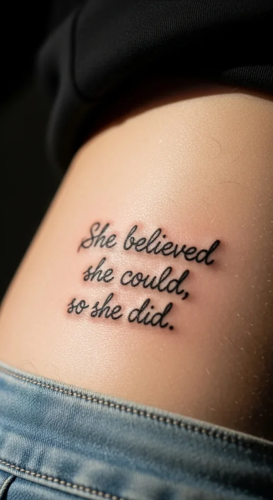 Script quote hip tattoo