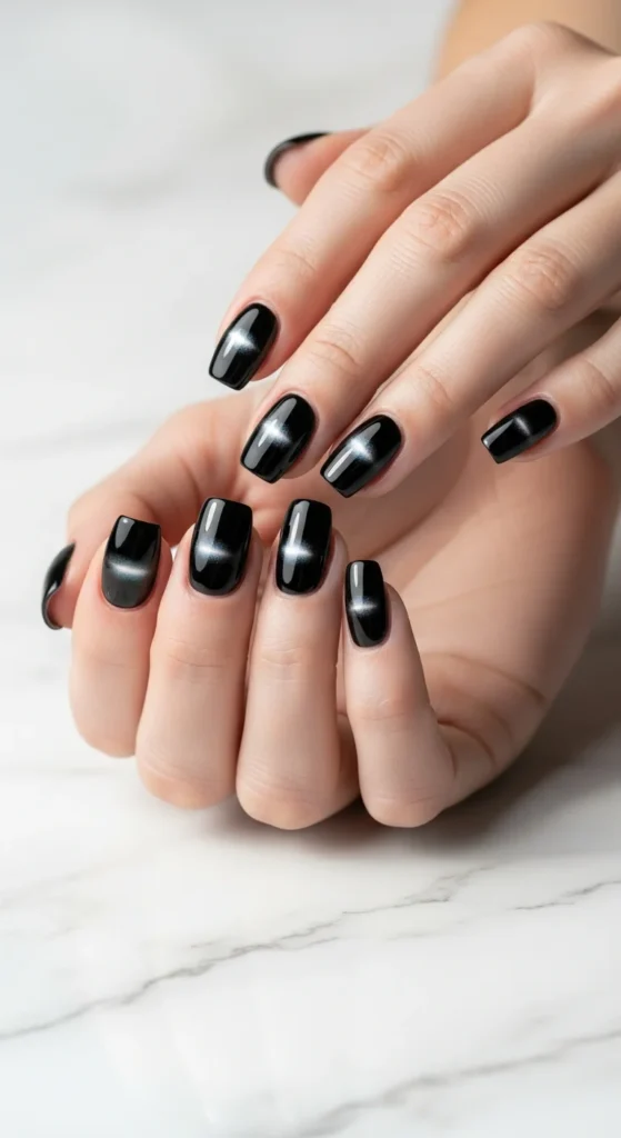 Short black cat eye nails