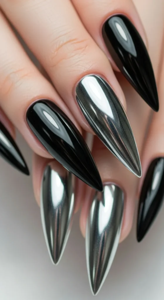 Silver black stiletto nails