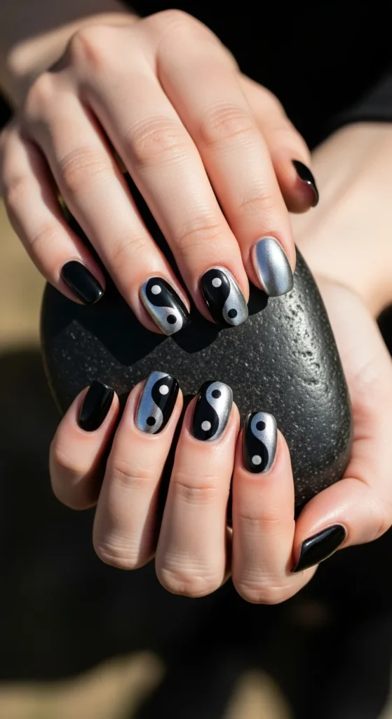 Silver black yin yang nails