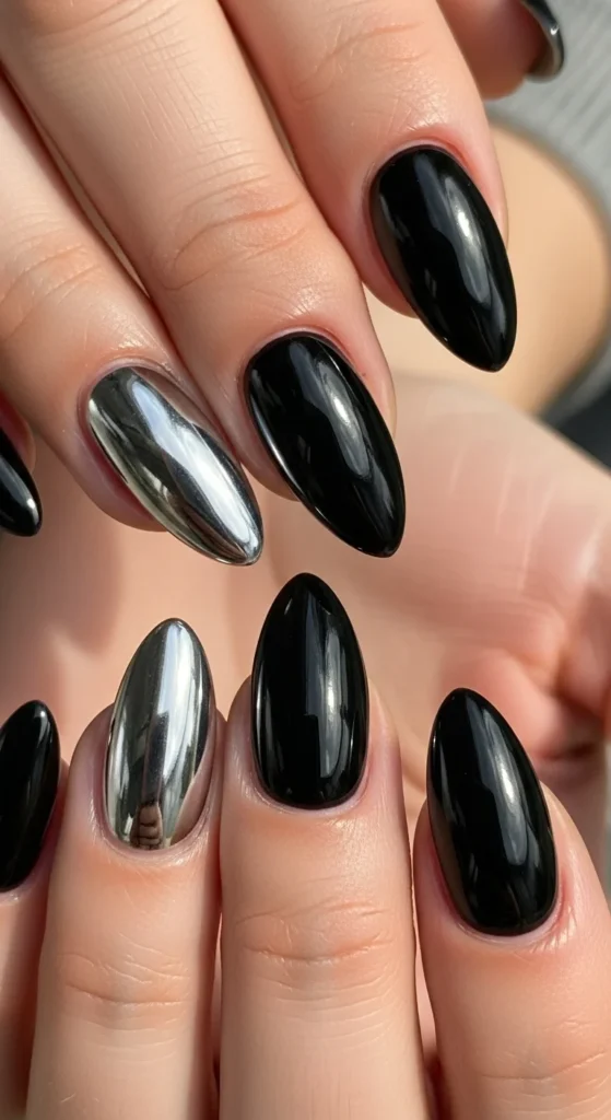Silver chrome black nails