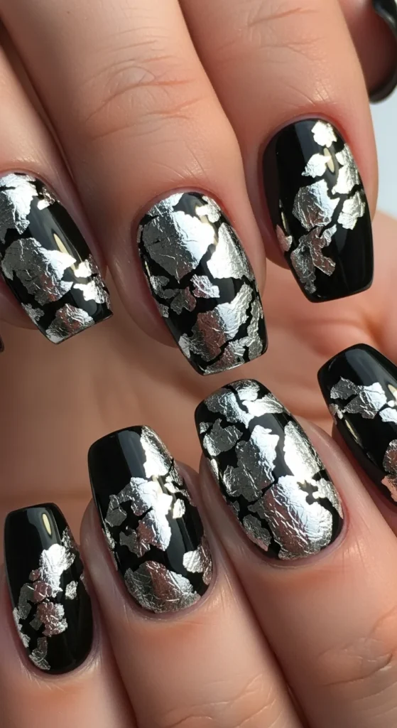 Silver foil black nails