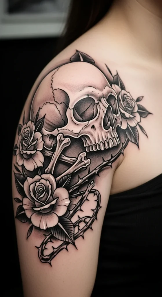 Skull roses shoulder tattoo
