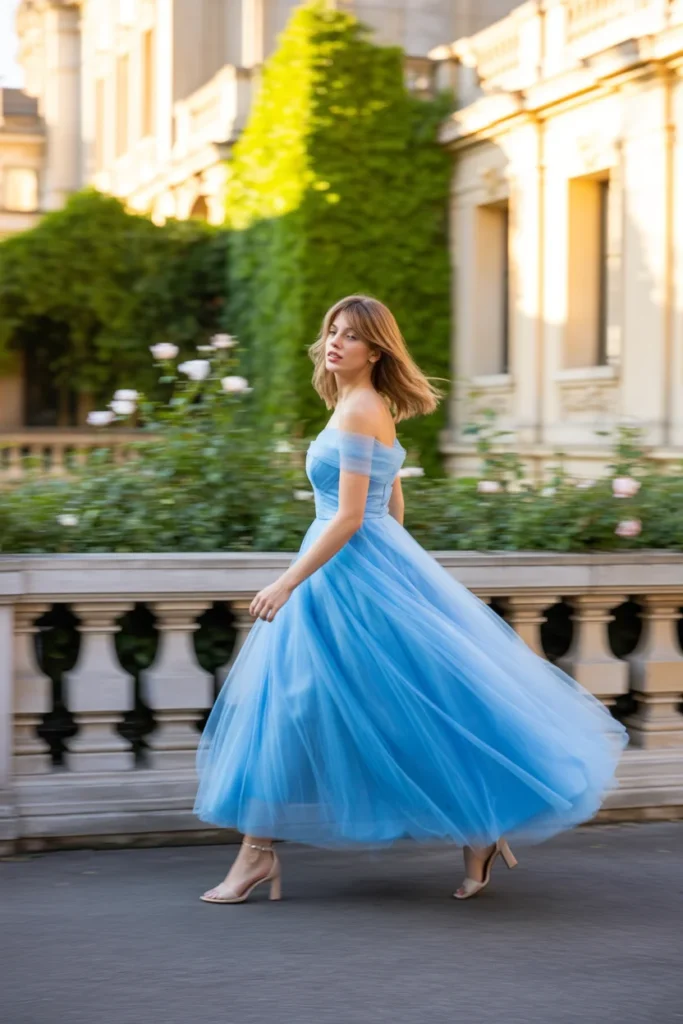 Sky blue off-shoulder tulle bridesmaid gown