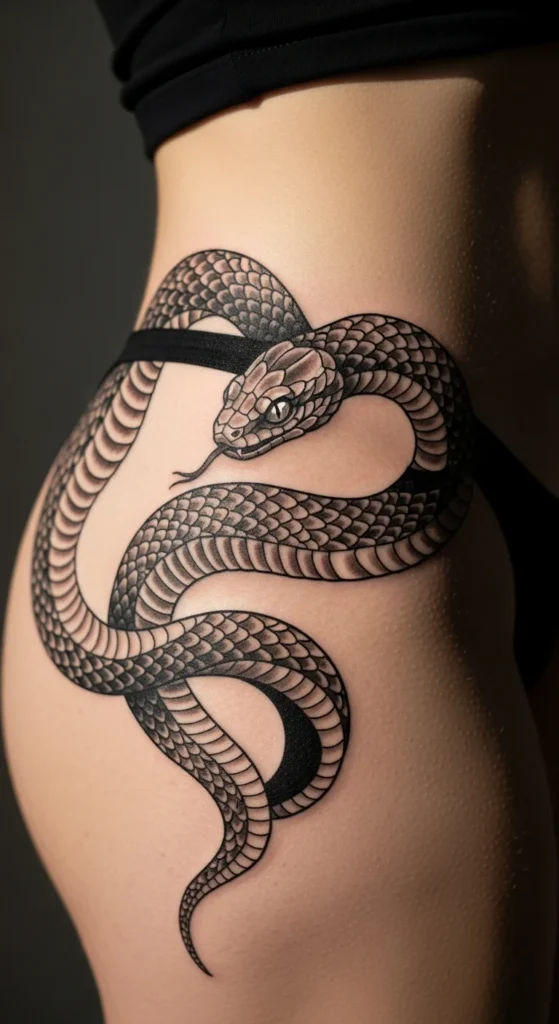 Snake lower hip tattoo