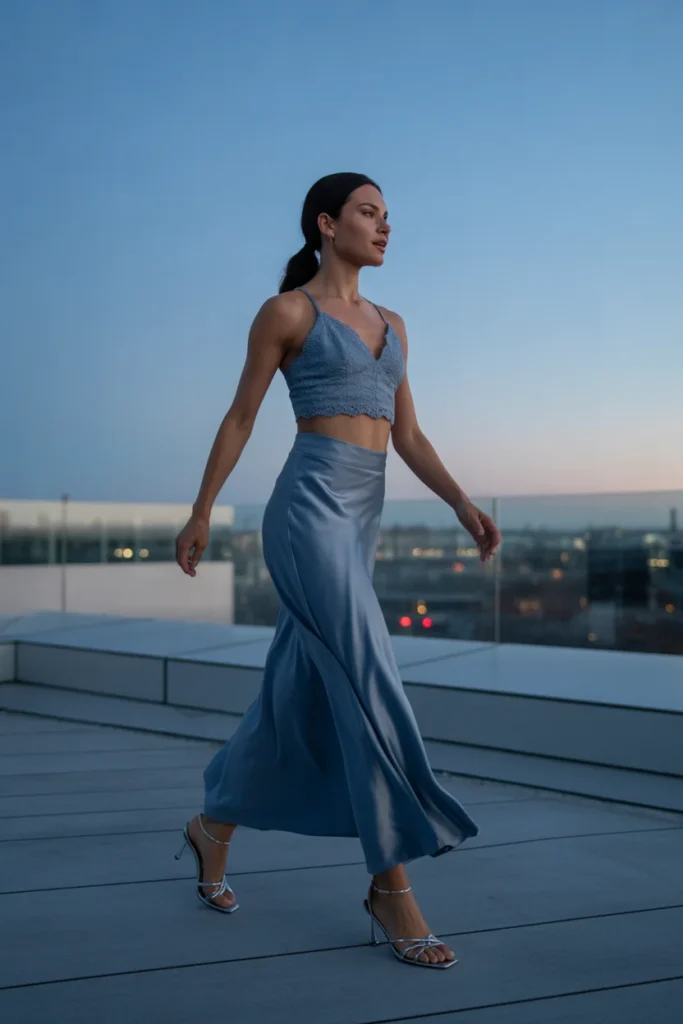 Steel blue two-piece bridesmaid set modern