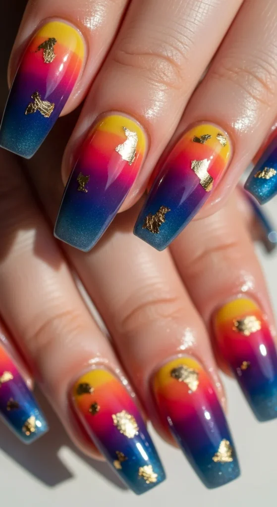 Sunset ombré gold foil nails