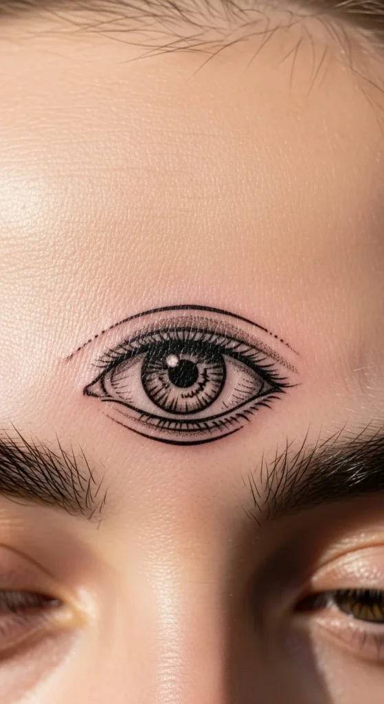 Third eye forehead tattoo