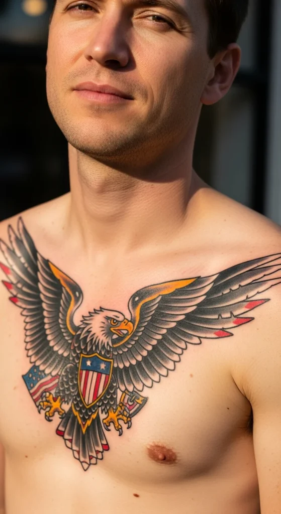 Traditional eagle chest tattoo