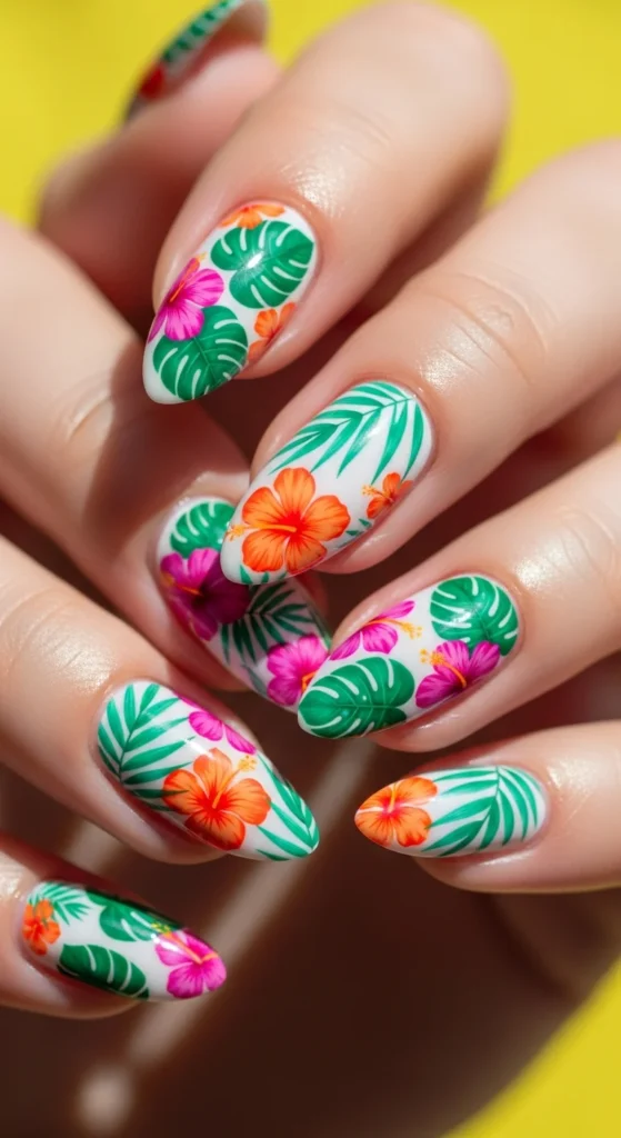Tropical floral print nails