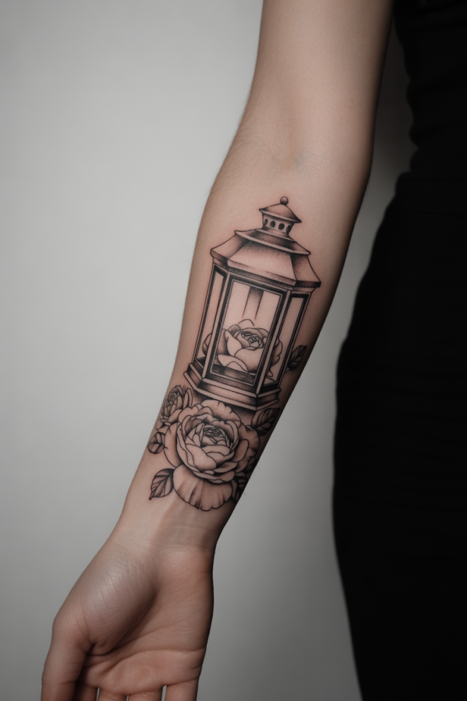 Victorian Lantern with Floral Elements Tattoo