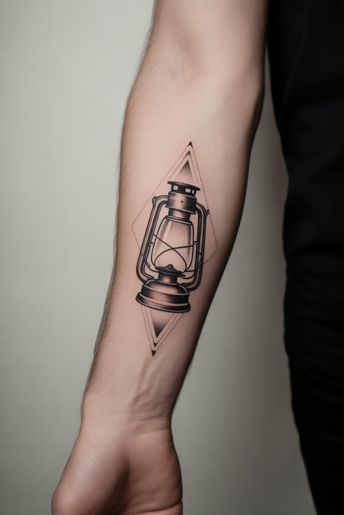 Vintage Kerosene Lamp with Geometric Accents Tattoo