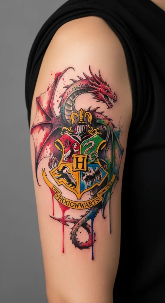 Watercolor Hogwarts dragon tattoo