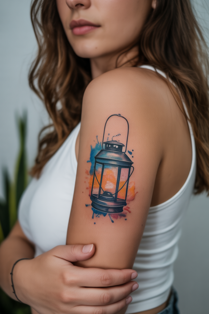 Watercolor Lantern with Splashes Tattoo Art