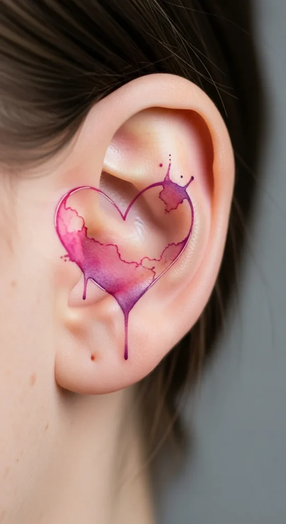 Watercolor heart tattoo ear