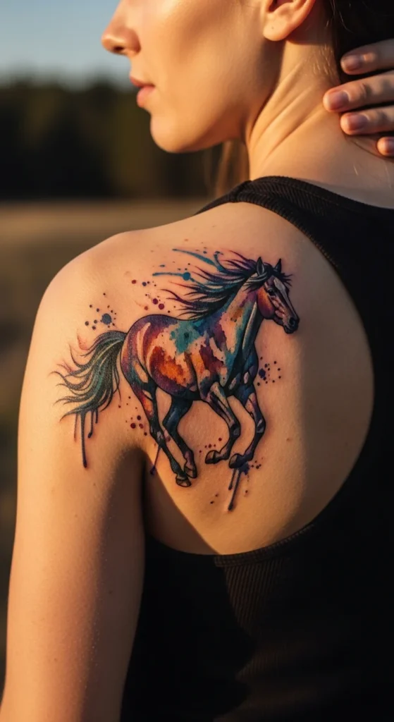 Watercolor horse tattoo shoulder