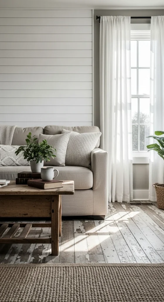 White shiplap farmhouse wall