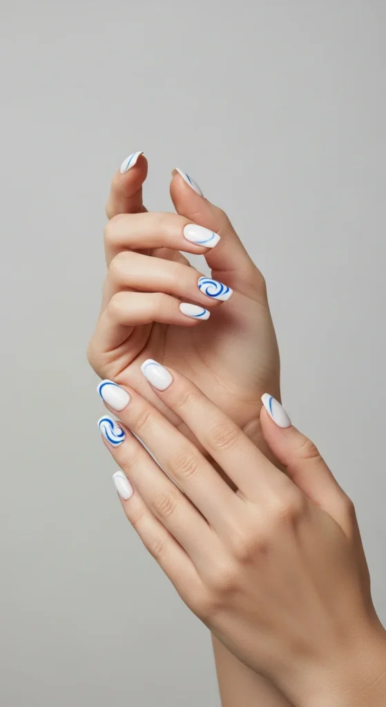 White tips blue wave nails