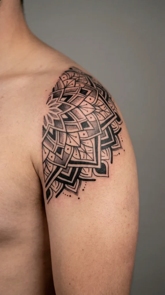 geometric mandala shoulder filler tattoo